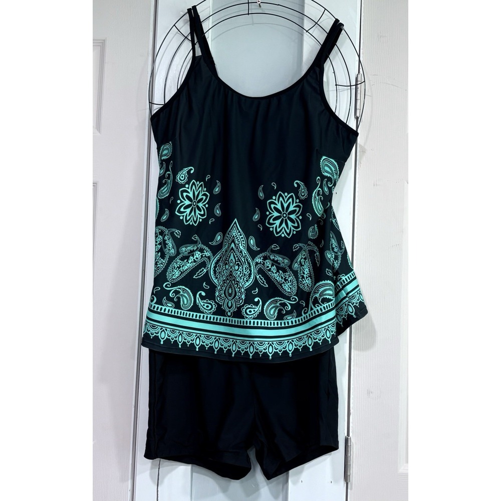 Arolina Women 18W Tankini Swimsuit 2 Piece Paisley Black Turquoise Shorts NWT
